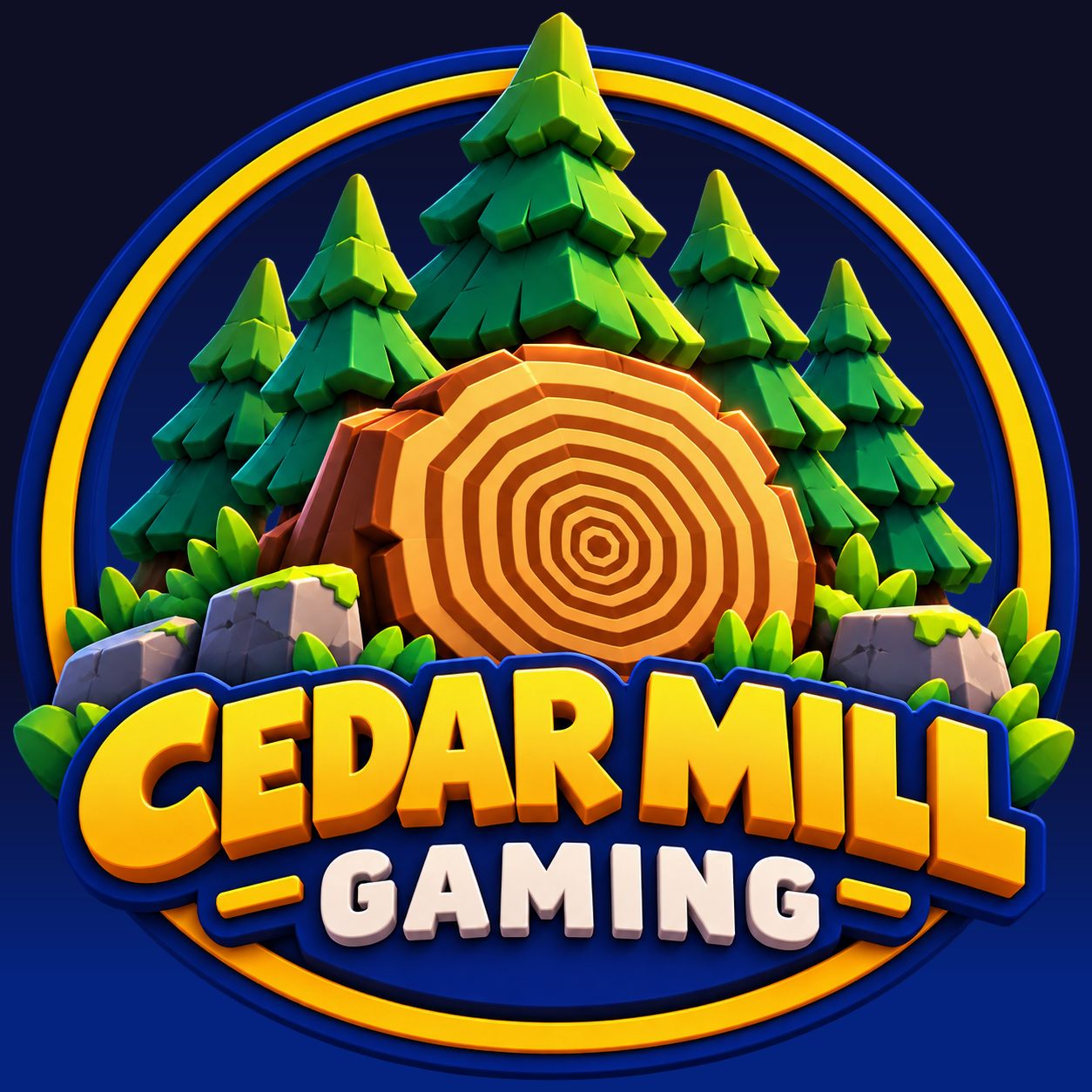 Cedar Mill Gaming forest badge with evergreen trees and a golden cedar log